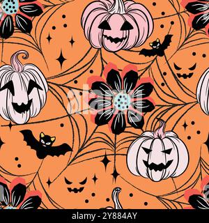 Halloween cute Pumpkin, flowers and spider web Seamless Pattern texture. Modern pink, orange and black girlish Background. Floral holiday Print colors Stock Vector