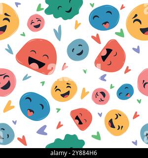 Children's pattern with funny faces. Laughing smileys of different colors. Funny endless pattern Stock Vector