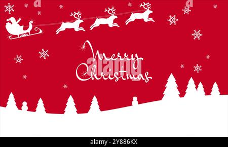 Santa and reindeer flying Christmas or greeting card design in red and white silhouette Stock Vector