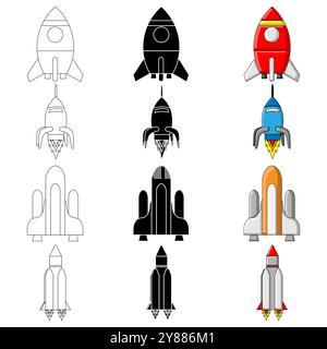 Set of Rockets or Spaceships in black and white Silhouette with a white outline and colour isolated on a white background Stock Vector