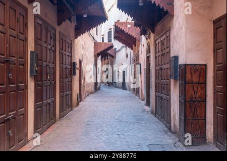 Morocco - Early morning in the streets of the Marrakesh Souk, before any shops are open. There is nobody around Stock Photo