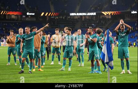 San Sebastian, Spain. 03rd Oct, 2024. Anderlecht's players celebrate after winning a soccer match between Belgian team RSC Anderlecht and Spanish team Real Sociedad, Thursday 03 October 2024 in San Sebastian, Spain, on the second day of the UEFA Europa League tournament. BELGA PHOTO JOMA GARCIA I GISBERT Credit: Belga News Agency/Alamy Live News Stock Photo