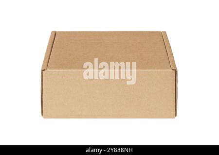 A plain brown cardboard box with flaps suitable for packing, shipping, or storage, isolated on a white background for various presentation purposes. Stock Photo