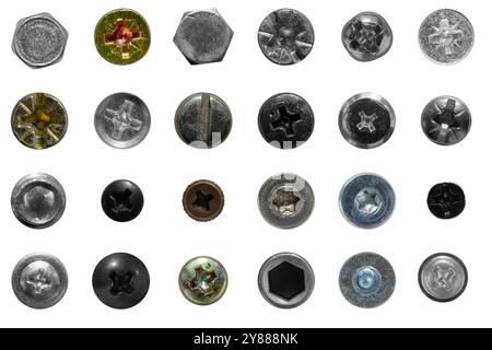 Overhead view of neatly arranged collection of assorted screws and bolts, displaying variety of shapes and sizes, isolated against white background. Stock Photo