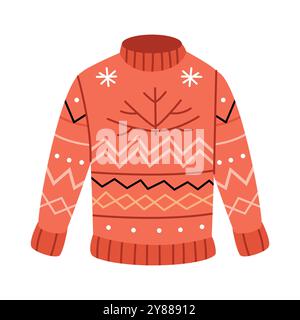 Warm knitted orange ugly sweater.Stylish nordic knitwear. Christmas holidays mood. Trendy design element of winter clothes. Stock Vector