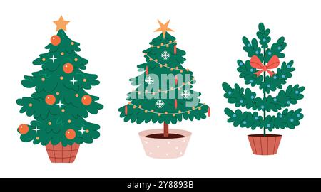 Set of Christmas trees.Hand drawing winter background with fir tree, Christmas ornaments, stars and snowflakes. Stock Vector