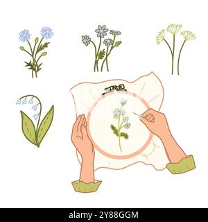 Needlework, Embroidery Set. Female Hands embroidering on a Hoop Flowers and spring flowers compositions. Vector Flat, hand drawn illustration isolated Stock Vector