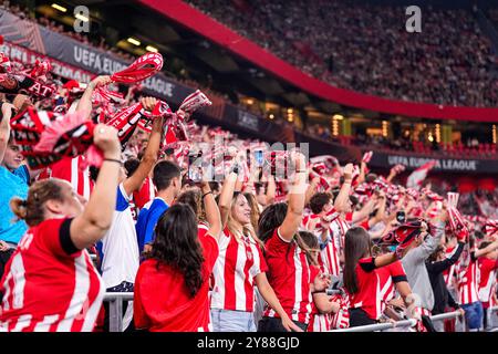 Bilbao, Spain. 03rd Oct, 2024. BILBAO, SPAIN - OCTOBER 3: Fans of Athletic Club cheering during the UEFA Europa League 2024/25 League Phase MD2 match between Athletic Club and AZ at Estadio de San Mamés on October 3, 2024 in Bilbao, Spain. (Photo by Ed van de Pol/Orange Pictures) Credit: Orange Pics BV/Alamy Live News Stock Photo