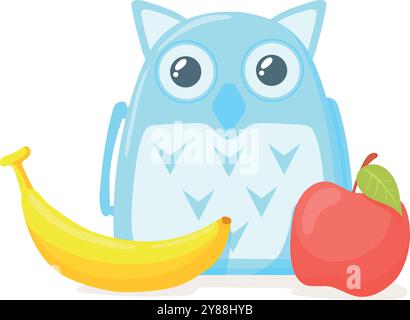 Kid lunch box in cute owl shape. School food isolated on white background Stock Vector