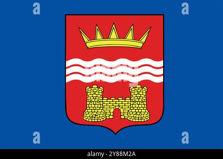 A blue and red flag with a crown on it. The flag is from a country with a castle on it Stock Vector