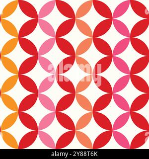 Mid Century Geometric Circles seamless pattern in red, pink, orange and coral on white background. For wallpaper, home décor and fabric Stock Vector