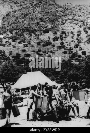 The Situation In Cyprus -- The No. 45 Commando unit, Royal Marines, preparing camp at Aghirda on their arrival from Malta. September 12, 1955. Stock Photo