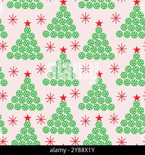 Christmas Tree Made of Green sports ball seamless pattern with red snowflakes. For Christmas wrapping paper, fabric, Greeting cards and Backgrounds Stock Vector