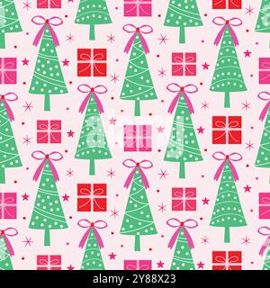 Green Christmas Trees with Preppy Pink bows , Gifts and snowflakes seamless pattern. For wrapping paper, Christmas décor and fabric Stock Vector