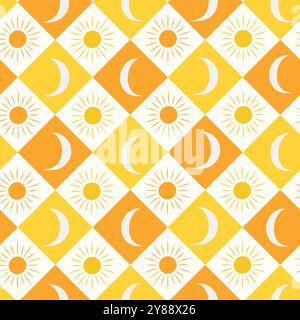 Cute moon and sun on diamond shapes seamless pattern in orange, amber and white. For wallpaper, textile and fabric Stock Vector
