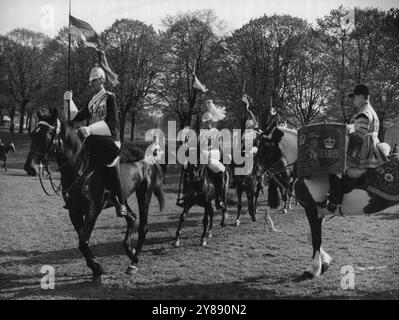 Cavalry Rehearse Musical Drive -- Kensington Palace formed a background for a full dress rehearsal by the Household Cavalry this morning of the famous Musical Ride which they will perform at shows throughout the country this summer. They held their rehearsal in the paddock of Kensington Palace. May 3, 1955. Stock Photo