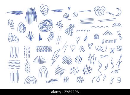 Various scribbles and squiggles vector set. Isolated hand drawn lines by blue ink pen. Funny doodle design elements, strokes, underlines, curves. Line Stock Vector