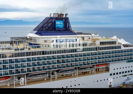 Victoria, BC, Canada - September 26, 2024: NCL’s Norwegian Sun ship with view of the funnel while moored at the Post of Victoria, British Columbia. Stock Photo