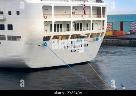 Victoria, BC, Canada - September 26, 2024: The stern side of Norwegian Cruise Line’s Norwegian Sun moored at the Post of Victoria, British Columbia. Stock Photo