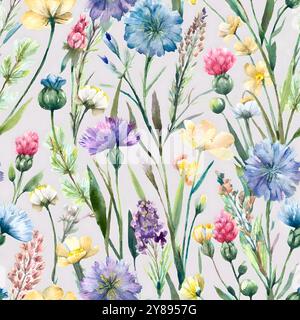 A seamless floral botanical pattern of wildflowers including flax, clover, buttercup and cornflowers in natural shades of blue, purple and pink, paint Stock Photo