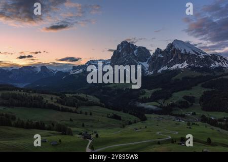 Panoramic view from the Seiser Alm to the Dolomites in Italy, drone shot Stock Photo