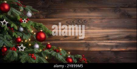 Rustic Christmas background with wood planks, baubles and stars hanging as ornaments on the branches of a fir tree. Elegant simple wooden wall texture Stock Photo