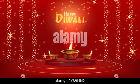 Indian festival of light Diwali. Victory goodness. Clay lamps of diya on luxurious podium. Traditional symbols colored patterns. Design banner postcard of advertising materials. Vector illustration. Stock Vector