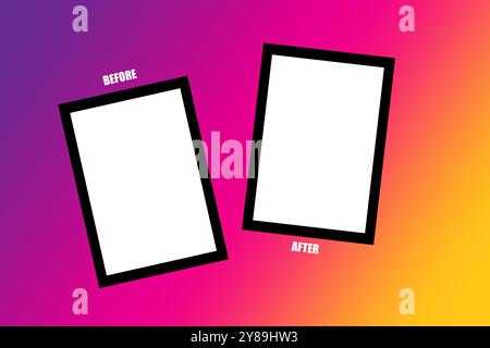 Before and after frames. Bold black borders. Gradient pink to yellow background. Minimalist comparison template. Stock Vector