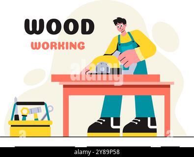 Woodworking Vector Illustration featuring Modern Craftsmen and Workers Producing Furniture Using Tools in a Flat Cartoon Style Background Stock Vector