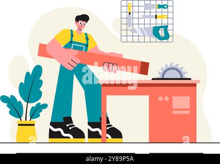 Woodworking Vector Illustration featuring Modern Craftsmen and Workers Producing Furniture Using Tools in a Flat Cartoon Style Background Stock Vector