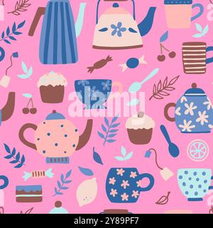 Seamless pattern with cute vintage tea cups, teapots and kettles. Hand drawn vector illustration in modern simple doodle style in delicate pastel colo Stock Vector