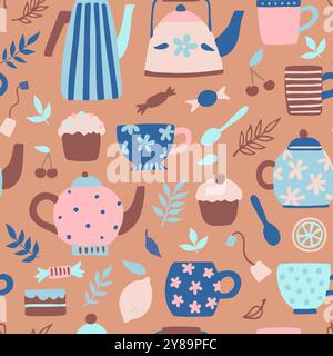 Seamless pattern with cute vintage tea cups, teapots and kettles. Hand drawn vector illustration in modern simple doodle style in delicate pastel colo Stock Vector