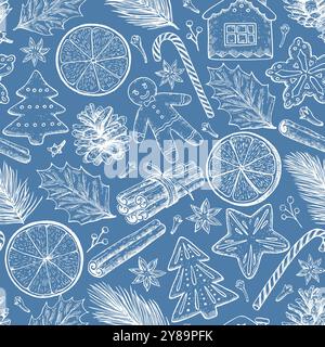 Big set of Christmas and New year elements, cookies, candies, pine branches and spices. Hand-drawn illustration in vintage old style. Stock Vector