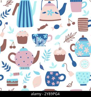 Seamless pattern with cute vintage tea cups, teapots and kettles. Hand drawn vector illustration in modern simple doodle style in delicate pastel colo Stock Vector