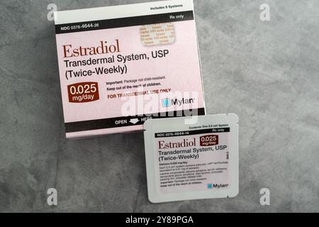 Estradiol transdermal patch system for delivering estrogen as hormone replacement therapy for women. Stock Photo