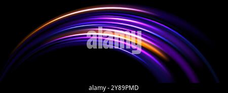 Glowing neon light trail background. Orange purple arch speed lines. Magic luminous curved swirl concept. Abstract spiral dynamic rotating stripes. Curve streaks for poster, banner, flyer. Vector Stock Vector
