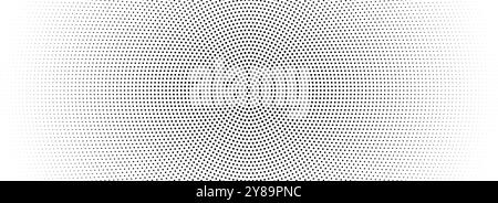 Halftone concentric dotted background. Square dots comic gradient texture. Radial fading gradation wallpaper. Black white rough grit overlay. Grunge gritty circular pop art cartoon backdrop. Vector Stock Vector