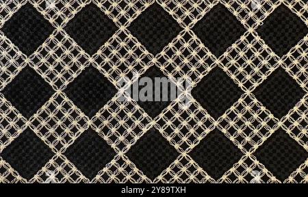 Knitted and woven fabric texture in diamond pattern. Black diamonds pattern and golden floral diamonds pattern, luxurious modern classic fashion. Seam Stock Photo