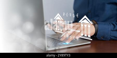 Online banking operations and interbank digital payment.Money transfers from different currencies internationally and currency exchange global. Online Stock Photo