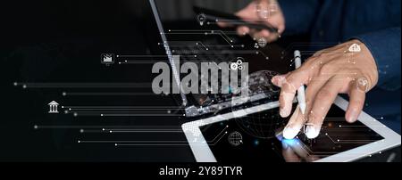 Data anlytics, AI and database management technology. IT specilist working on digital tablet connecting with cloud server and data center, technology Stock Photo