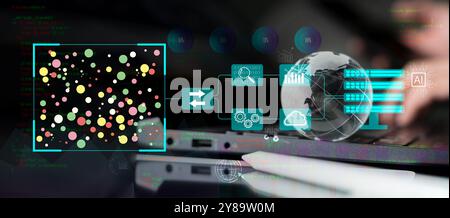 Data Science and engineering, digital technology, tech background. Software engineer working with database and big data analytics, cloud computing wit Stock Photo