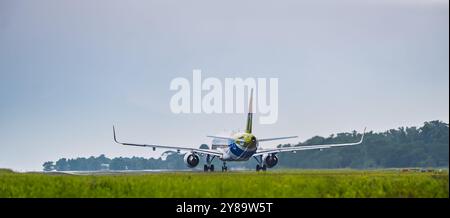 Balikpapan, Indonesia - September 26th, 2024. A Pelita Air passenger jet is in the moment of takeoff, the plane's engines start roaring. Stock Photo