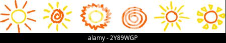 Set of fun like kid drawing yellow sun. Collection painted with pastel crayons or wax pencil sunny icons. Summer sky symbols. Rough chalk texture Stock Vector