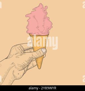 Ice cream holding hand, hand drawing, Ice cream cone line art hand drawn vector, ice cream in waffle cone Stock Vector