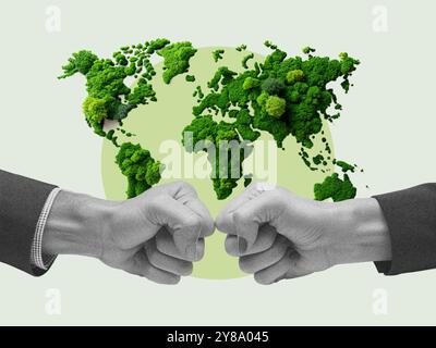 Fist bump collide agreement of two businessman, environment protection concept, sustainability, social responsibility, art collage Stock Photo