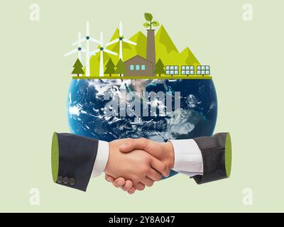 Two businessman handshake agreement of clean energy, green energy, sustainable business concept, art collage Stock Photo