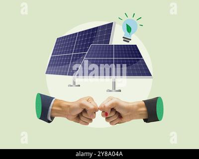 Fist bump collide and solar panels symbol, agreement of two businessman, sustainability concept, clean energy, green energy, art collage Stock Photo