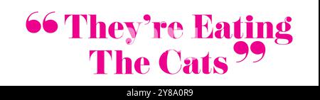 Neon sign featuring the glowing phrase 'They Are Eating the Cats' in red and pink on a brick wall background. Stock Vector