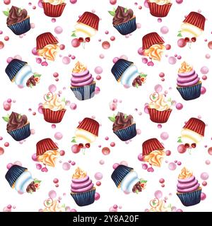 Cupcakes with cream, meringue, marshmallow decorated with mint, cherry, cookies. Seamless pattern hand-drawn with watercolor on a white background. Fo Stock Photo