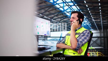 Aviation Safety Manager Calling On Phone At Airport Hangar Stock Photo